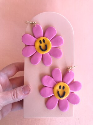 Flower power giant flower earrings, pink smile flower earrings, retro statement earrings, hippie style, groovy earrings, giant flowers - image2